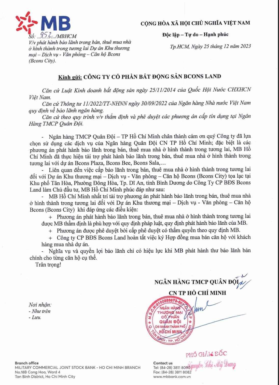 Chứng thư bảo lãnh ngân hàng MB Bank cho dự án Bcons City Dĩ An