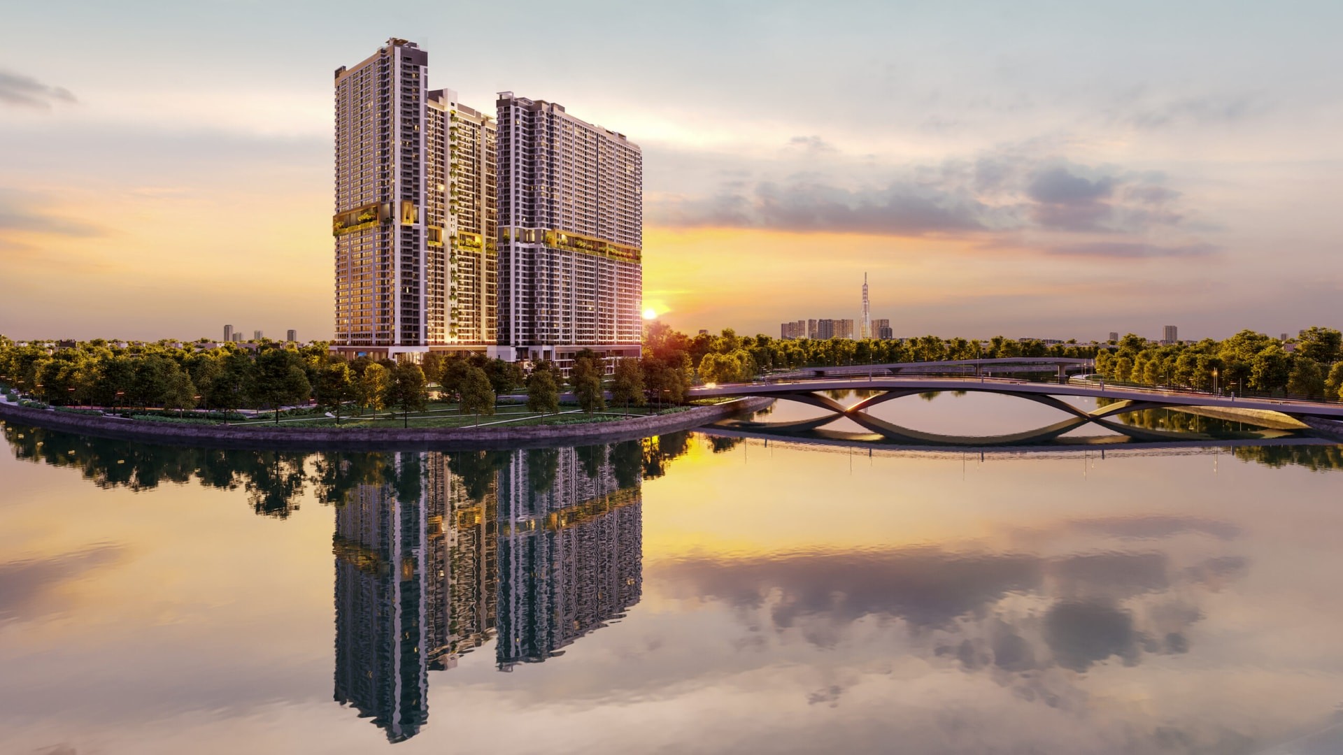 Phối cảnh tổng thể dự án căn hộ The Gió Riverside view sông, minh họa tiện ích và không gian sống xanh tại khu Đông TP.HCM
