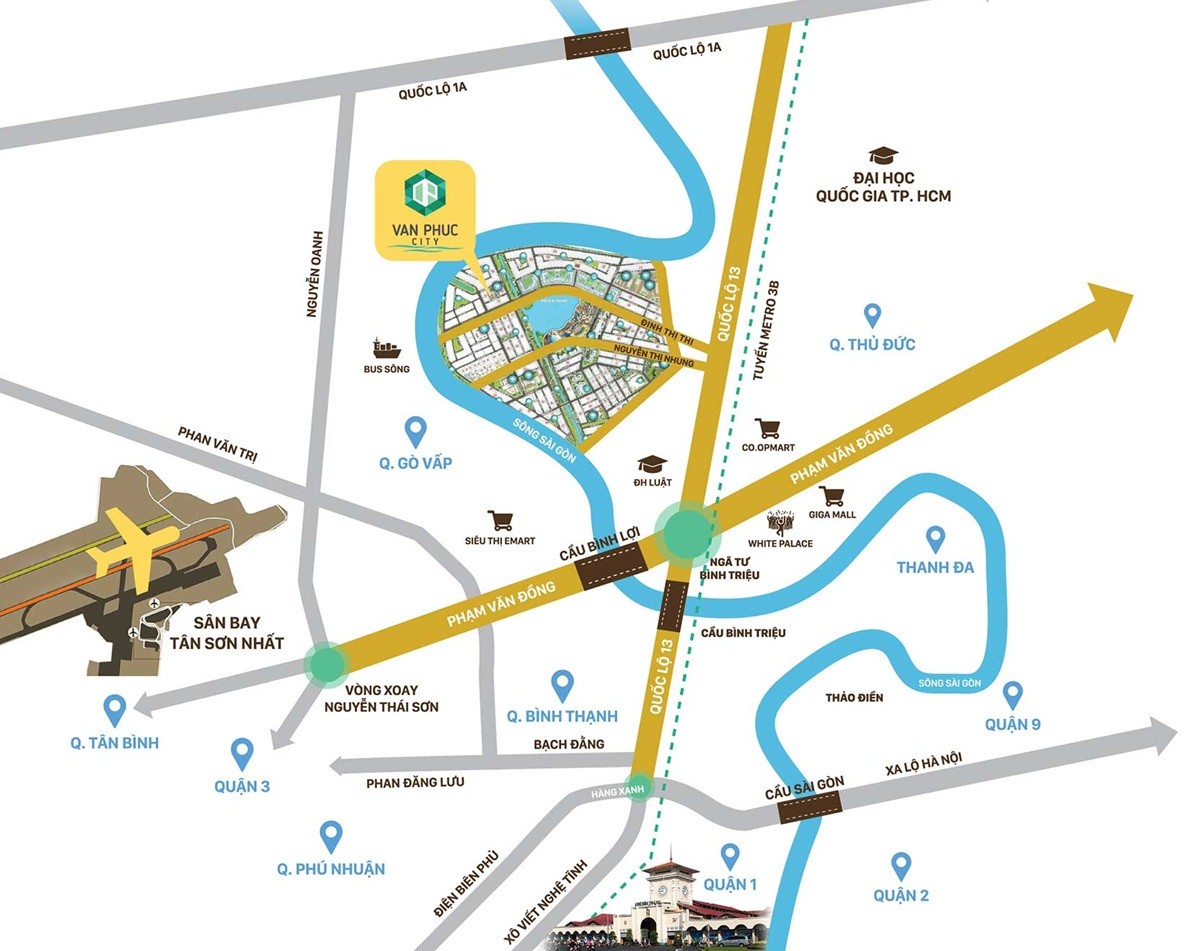 Bản đồ vị trí chiến lược của Căn hộ Diamond Sky Vạn Phúc City gần sông Sài Gòn