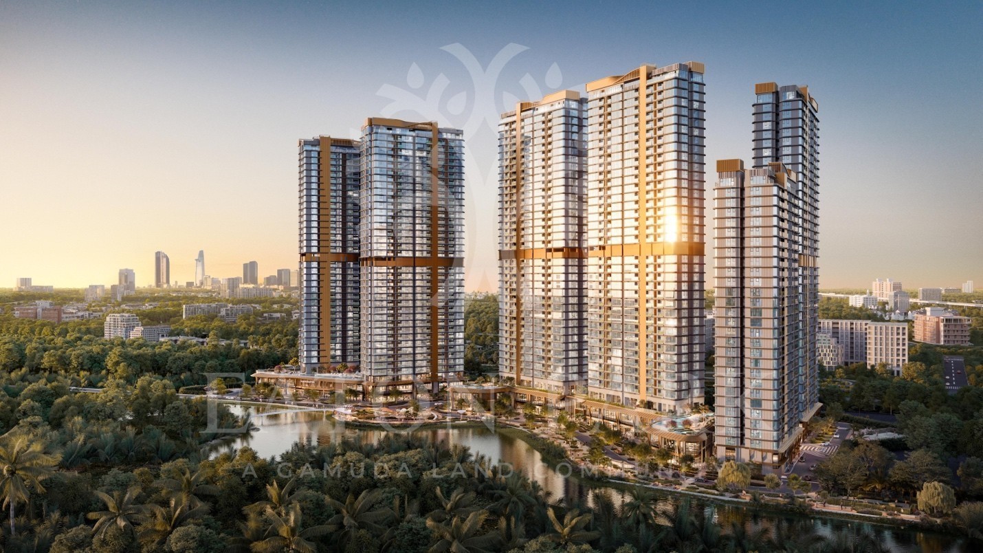 Phối cảnh dự án Eaton Park với tòa tháp Lagoon (thứ 3 từ trái) nổi bật, đại diện cho dòng căn hộ hạng sang cao cấp nhất.