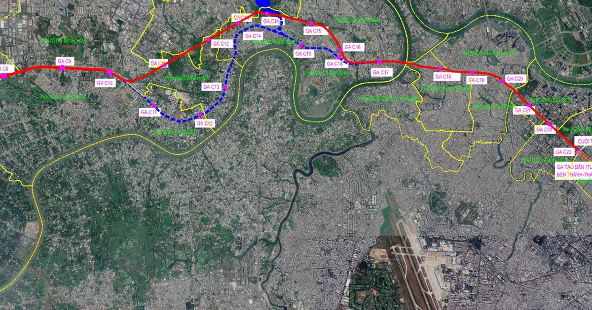 Bản đồ hướng tuyến Metro số 2 Thủ Dầu Một - TP.HCM với các nhà ga trên ảnh vệ tinh