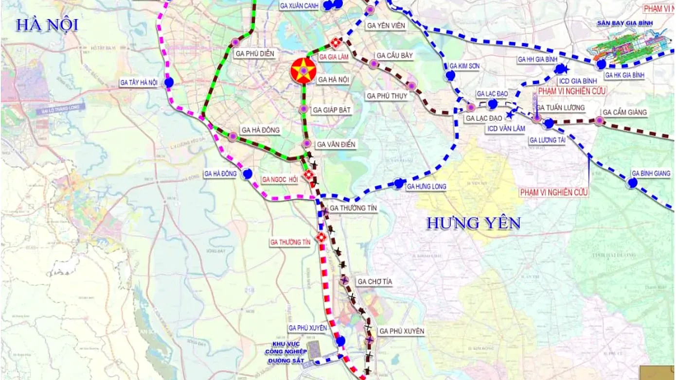 Bản đồ quy hoạch đường sắt khu vực đầu mối Hà Nội với các ga Gia Lâm, Yên Viên, Hà Nội và phạm vi nghiên cứu