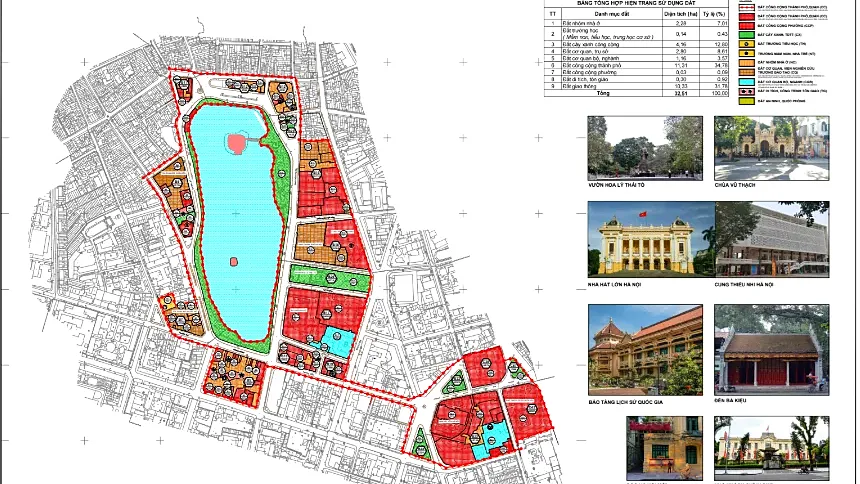 Bản đồ hiện trạng sử dụng đất quy hoạch phân khu H1-1B và H1-1C khu vực hồ Hoàn Kiếm