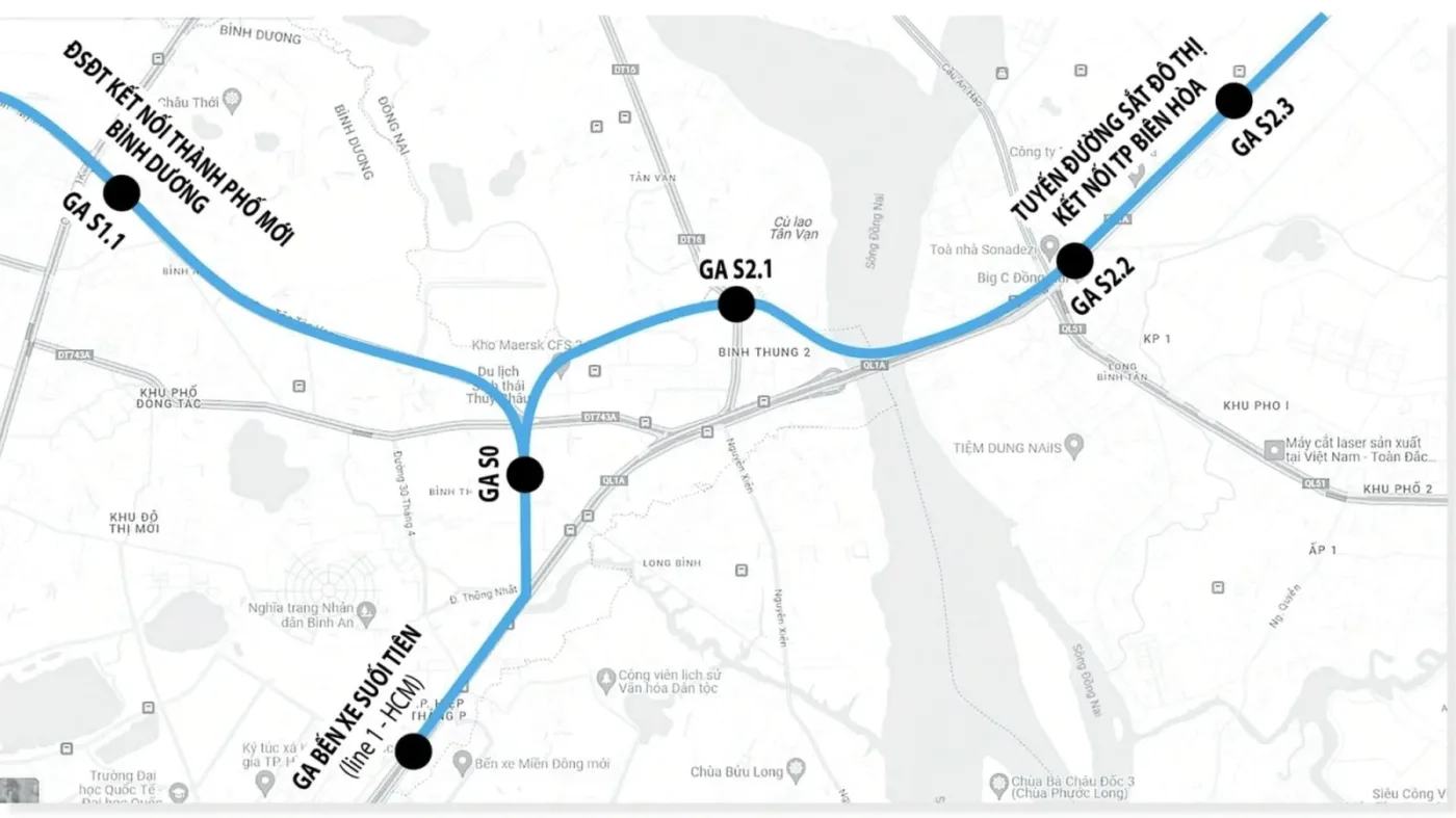 Bản đồ hướng tuyến metro số 1 Bình Dương - Suối Tiên với các ga S1.1, S0, S2.1, S2.2, S2.3 và ga bến xe Suối Tiên