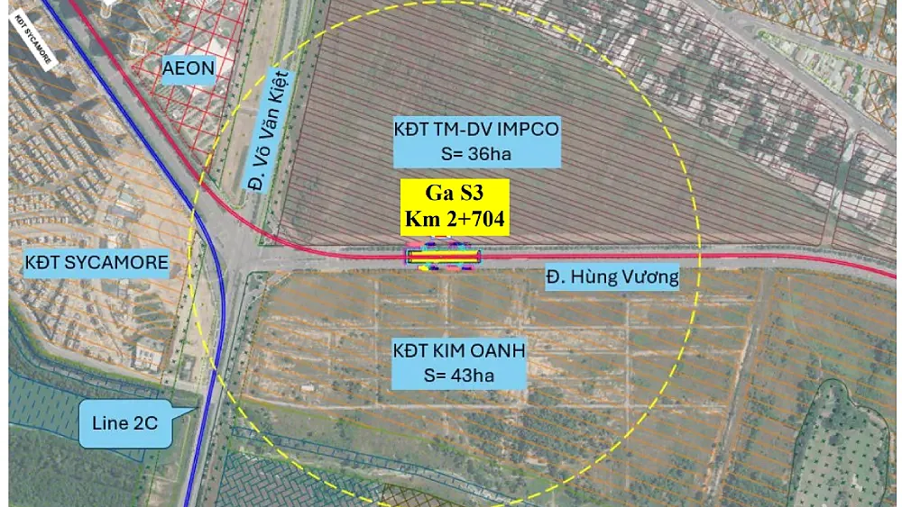 Bản đồ vị trí ga S3 trên đường Hùng Vương, gần khu đô thị Sycamore và AEON, thuộc tuyến metro Bình Dương