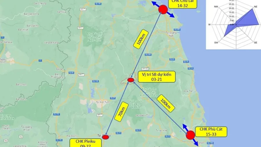 Bản đồ vị trí dự kiến sân bay Măng Đen cách sân bay Chu Lai, Phù Cát, Pleiku trong quy hoạch cảng hàng không