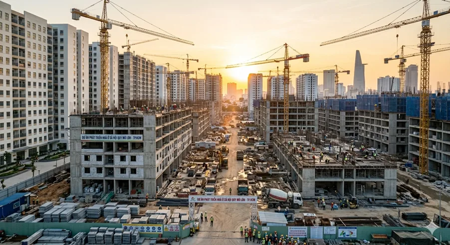 Công trường nhà ở xã hội với nhiều cần cẩu và khối nhà đang xây dựng lúc hoàng hôn
