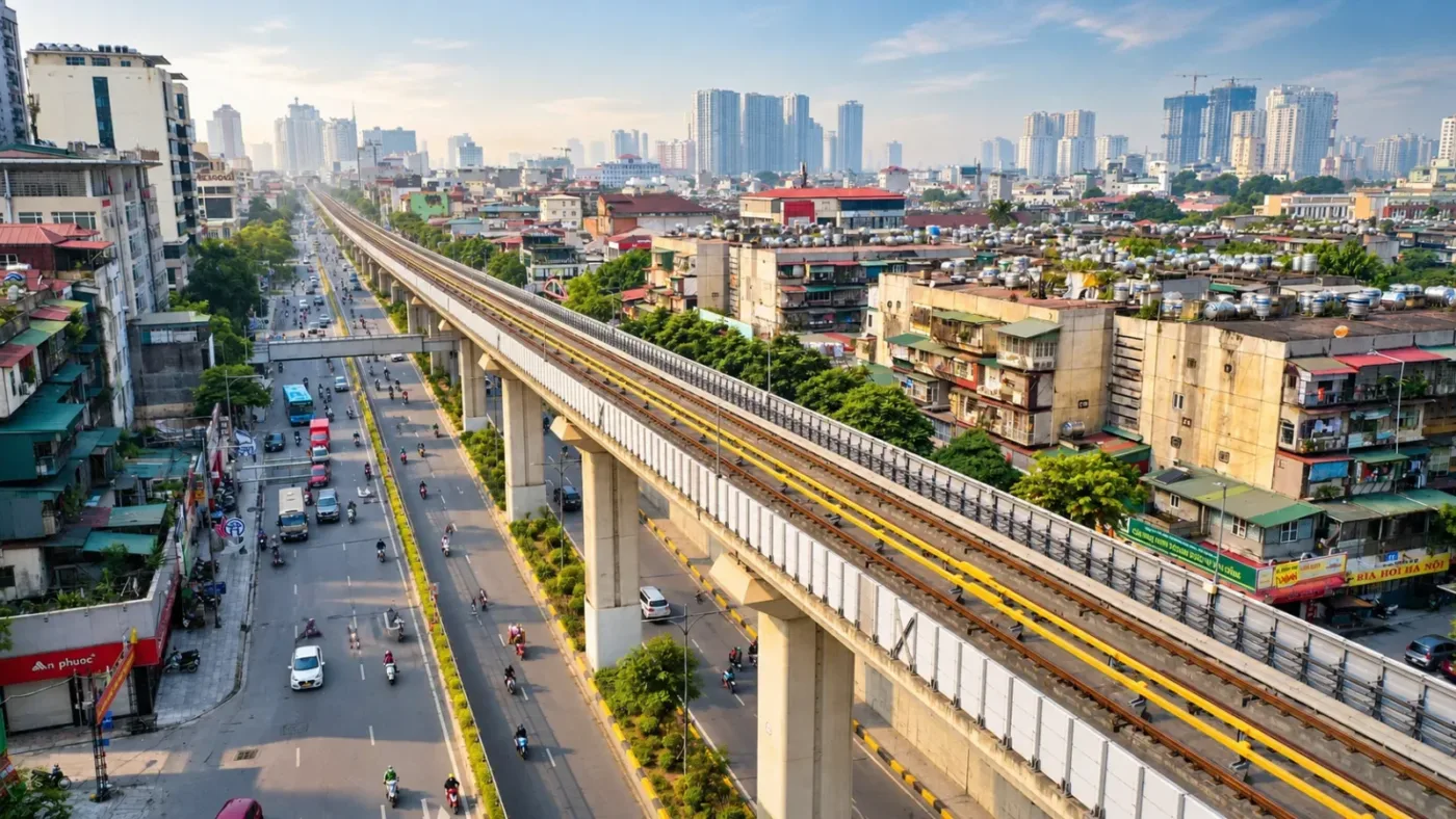 Tuyến đường sắt trên cao chạy dọc đường phố Hà Nội, hai bên là nhà dân và cao ốc