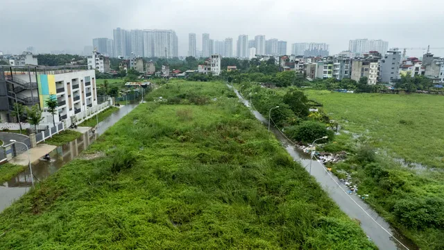 Khu đất trống cỏ mọc, đường nhỏ và khu dân cư thấp tầng tại Vĩnh Hưng, phía xa là nhà cao tầng