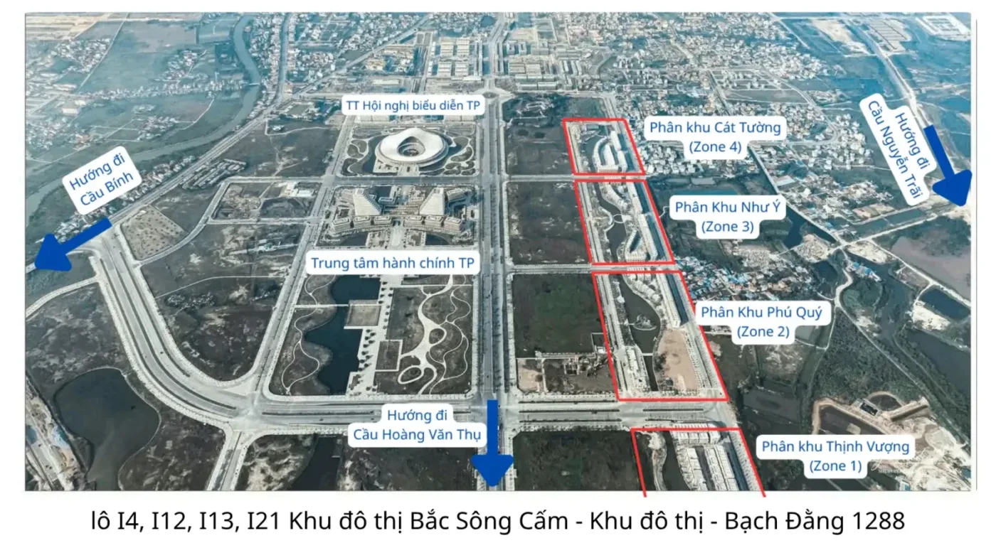 Ảnh chụp từ trên cao khu Trung tâm Chính trị - Hành chính Bắc sông Cấm, Hải Phòng cùng các trục đường lớn