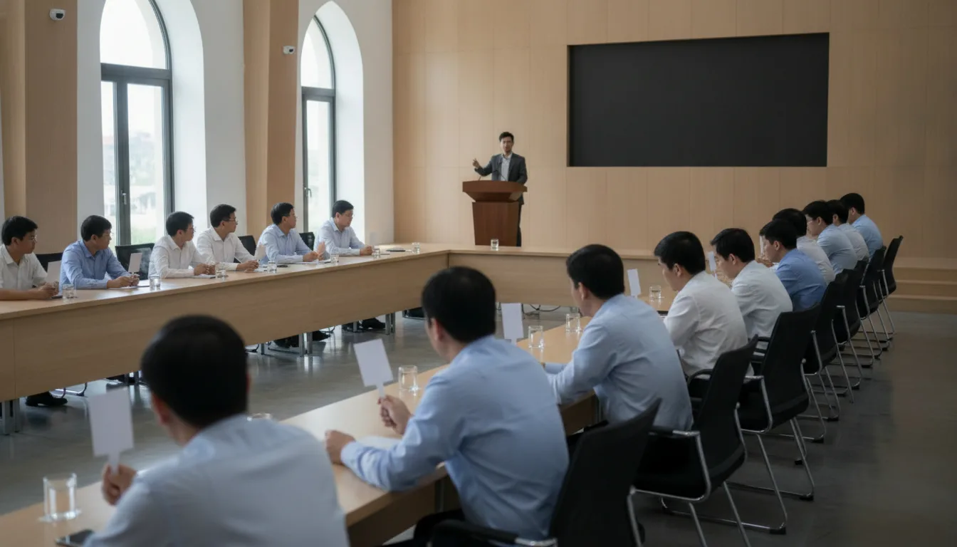 Ảnh minh hoạ phiên đấu giá quyền sử dụng đất với người tham gia ngồi quanh bàn trong hội trường