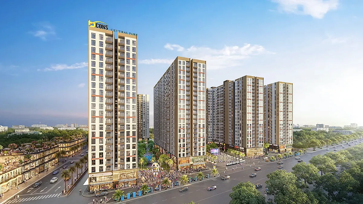 Phối cảnh dự án Bcons Central Park với các tòa căn hộ và dãy shophouse tại phường Tam Hiệp, Đồng Nai