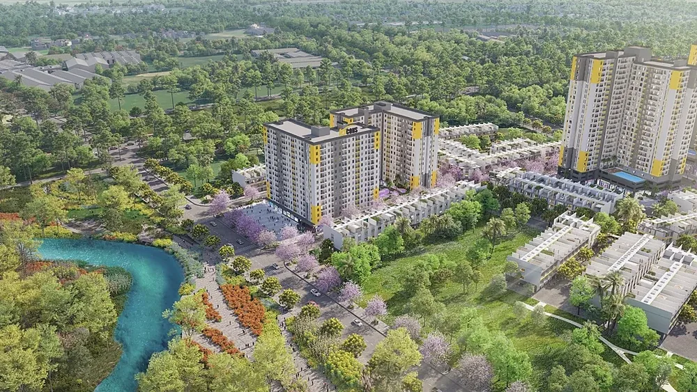 Phối cảnh khu đô thị Bcons City Life với các tòa căn hộ, nhà phố và công viên ven sông ở phường Tân Uyên