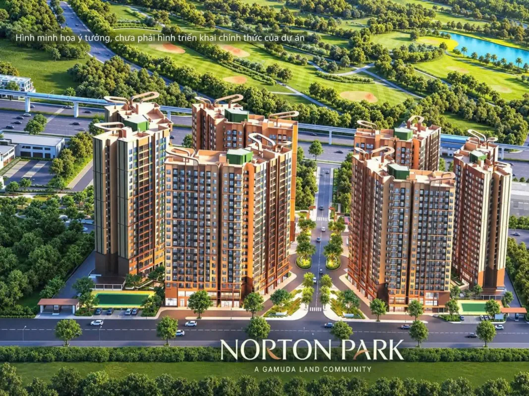 Phối cảnh các tòa căn hộ Norton Park cao tầng bao quanh mảng xanh và đại lộ nội khu nhìn từ trên cao
