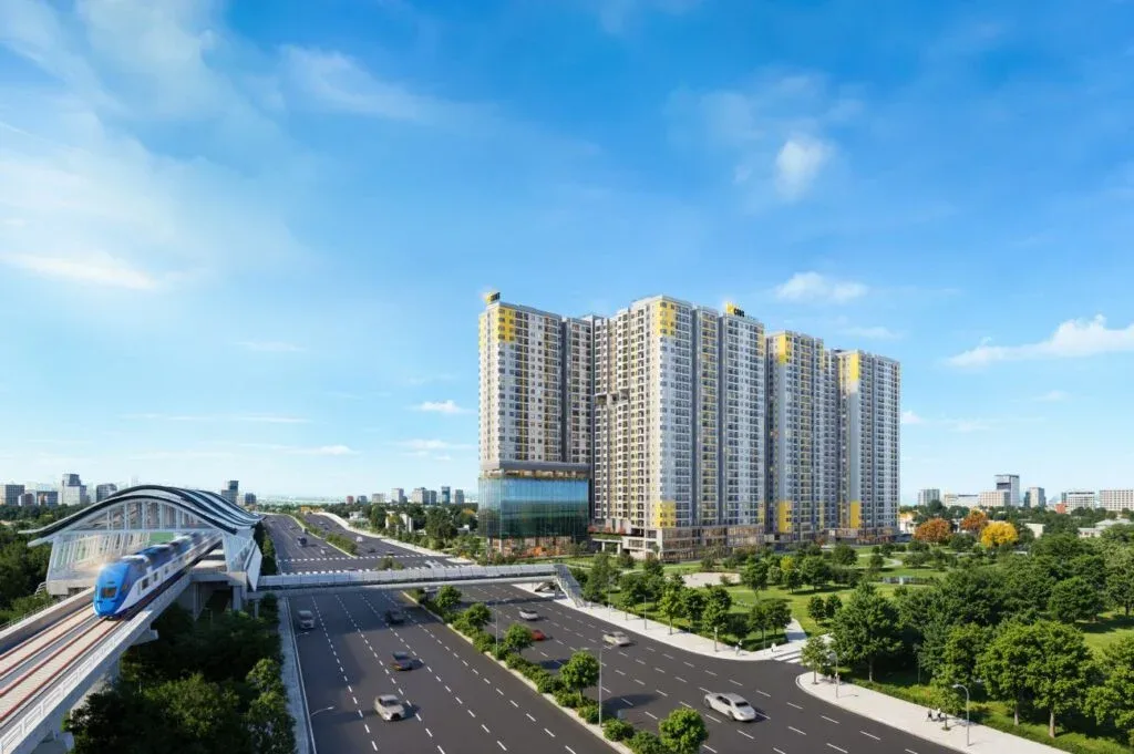 Phối cảnh cụm chung cư cao tầng cạnh đường lớn và tuyến metro, minh hoạ căn hộ khu vực Bình Dương
