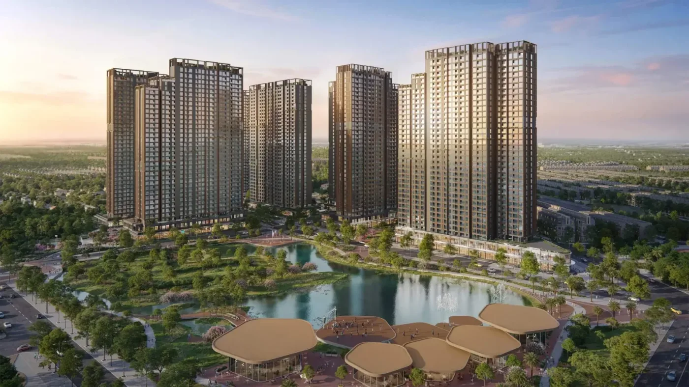 Phối cảnh cụm tháp căn hộ cao tầng bên hồ nước và công viên xanh, minh hoạ dự án của MIK Group