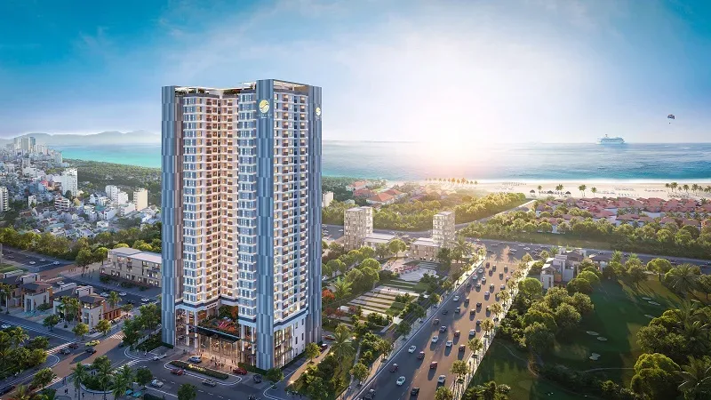 Phối cảnh tòa căn hộ cao tầng gần biển tại Đà Nẵng nhìn từ trên cao