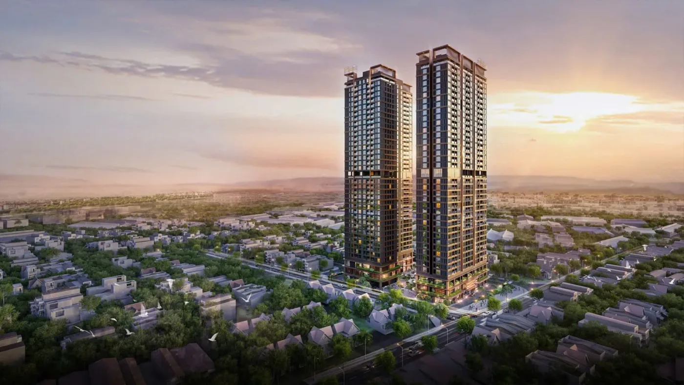 Phối cảnh hai tòa tháp căn hộ cao tầng giữa khu dân cư lúc hoàng hôn, minh họa chung cư vùng ven TP.HCM