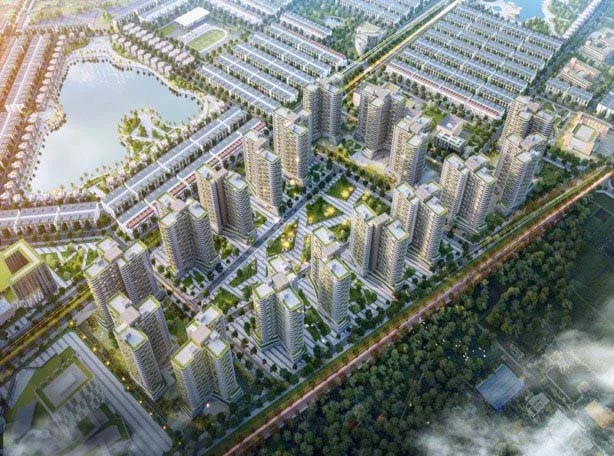 Phối cảnh các tòa chung cư cao tầng và nhà liền kề quanh hồ nước trong một khu đô thị Vinhomes