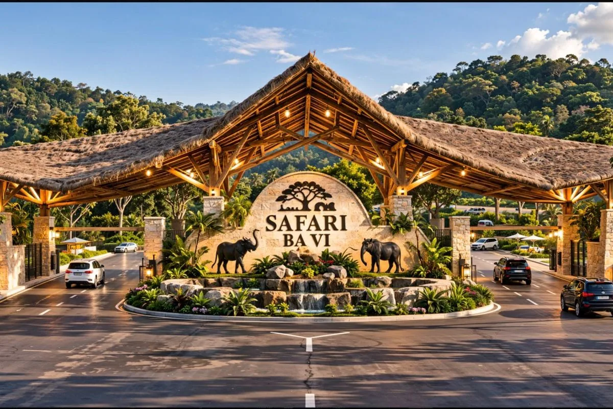 Phối cảnh cổng vào khu Safari Ba Vì với biển tên và tượng voi giữa tiểu cảnh đá
