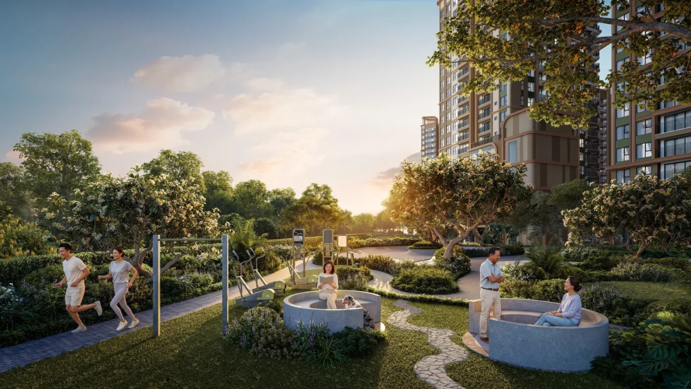 Phối cảnh công viên nội khu với người chạy bộ, ngồi nghỉ giữa cây xanh, phía sau là các tòa căn hộ