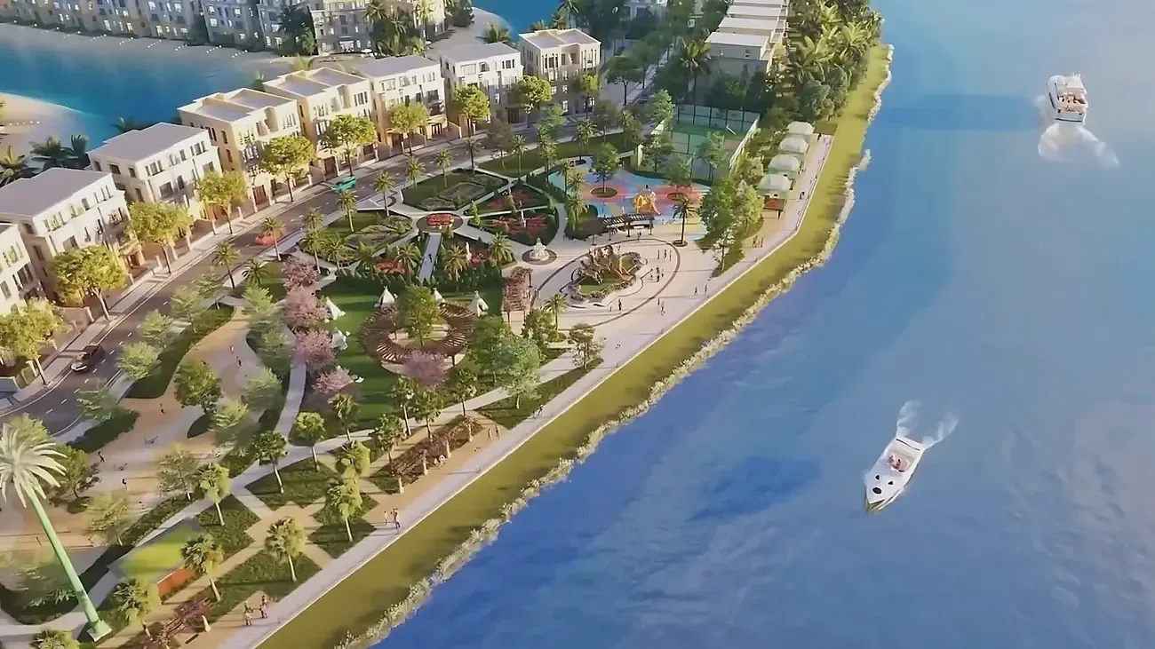 Phối cảnh công viên, đường dạo bộ ven mặt nước và nhà phố nội khu Vinhomes Green Paradise