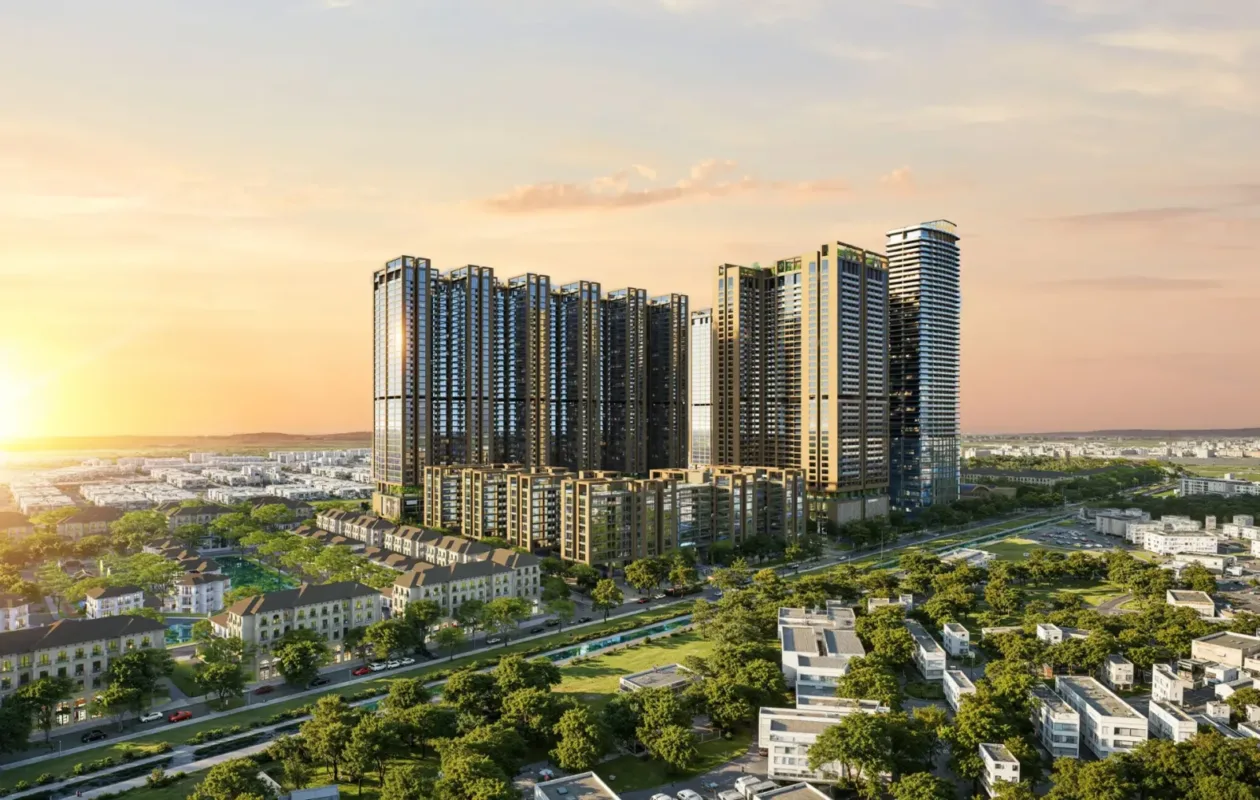 Phối cảnh cụm tòa căn hộ cao tầng trong khu đô thị lúc hoàng hôn, minh hoạ phân khúc căn hộ Hà Nội