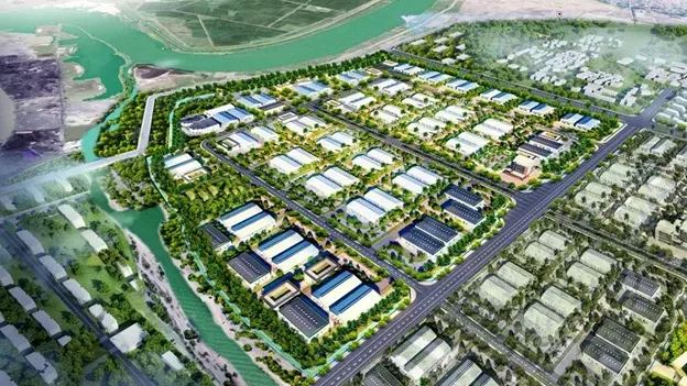 Phối cảnh Cụm Công nghiệp An Phụ Hải Phòng với các dãy nhà xưởng, đường nội khu và cây xanh ven sông