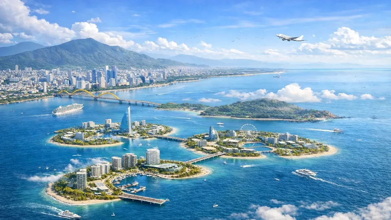 Phối cảnh khu đô thị lấn biển ngoài vịnh Đà Nẵng với các đảo nhân tạo, tháp cao tầng, vòng quay và cầu nối