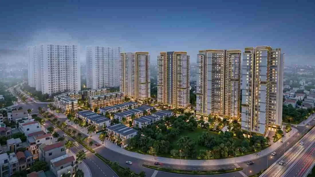 Phối cảnh dự án nhà ở xã hội Hải Phòng gồm các tòa chung cư cao tầng và dãy nhà liền kề quanh mảng xanh