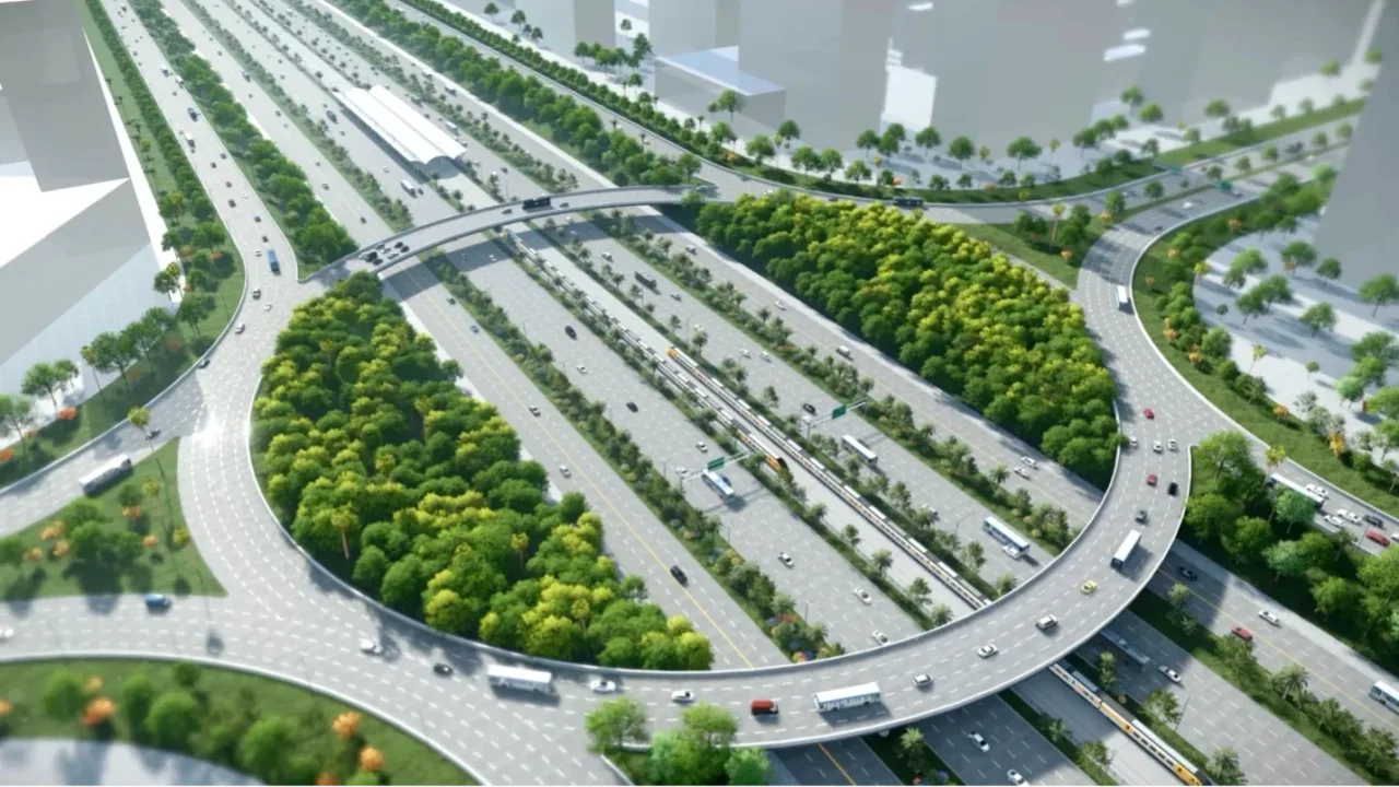 Phối cảnh nút giao tuyến đường nối sân bay Gia Bình với Hà Nội do Sun Group đầu tư nhìn từ trên cao