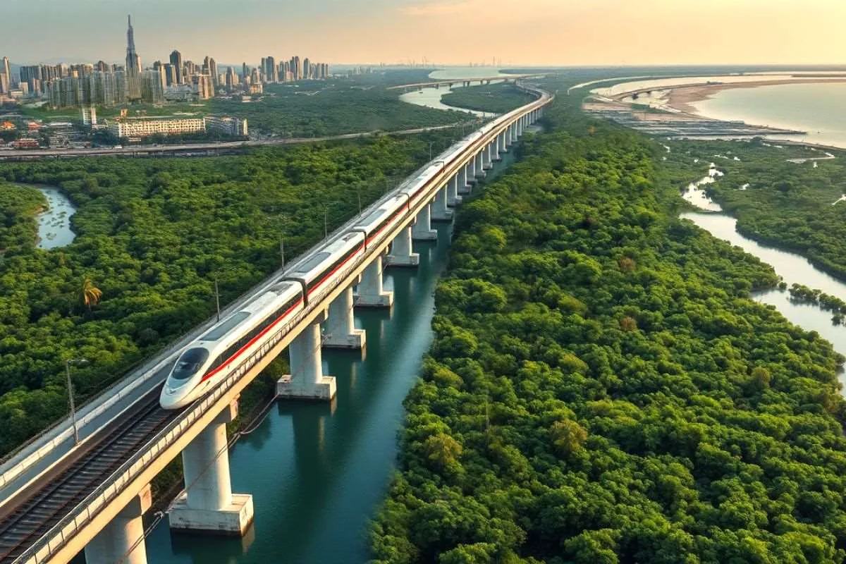 Phối cảnh tàu cao tốc chạy trên cầu cạn băng qua rừng xanh và mặt nước, phía xa là thành phố