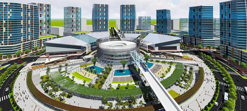 Phối cảnh khu ga metro và các toà nhà cao tầng tại Bình Dương nơi hai tuyến metro giao cắt