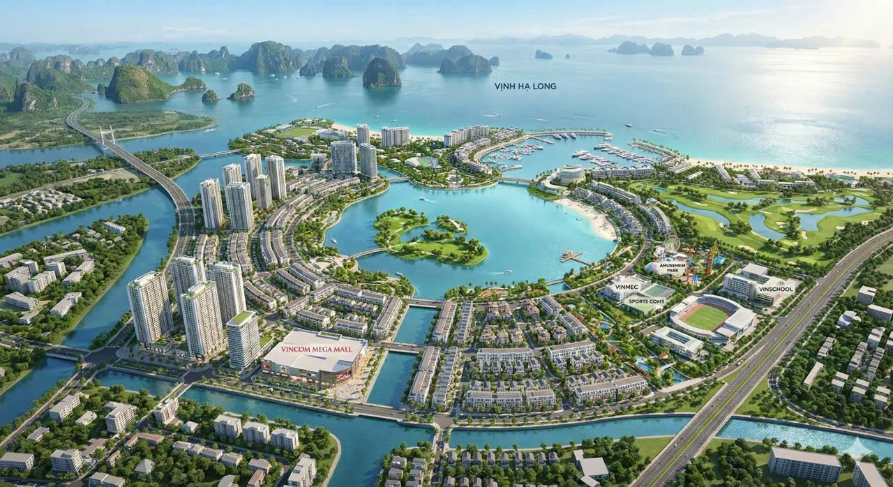 Phối cảnh toàn cảnh Global Gate Hạ Long của Vinhomes với cụm tháp cao tầng, kênh nước và vịnh Hạ Long phía xa