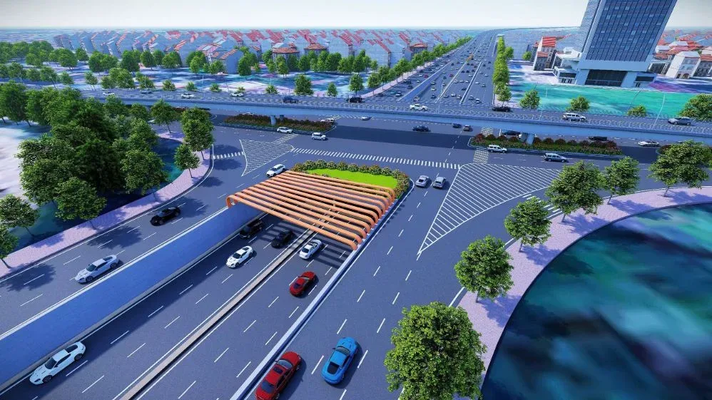 Phối cảnh hầm chui kín tại nút giao có đường trên cao và nhiều làn xe, minh hoạ hầm chui Cổ Linh