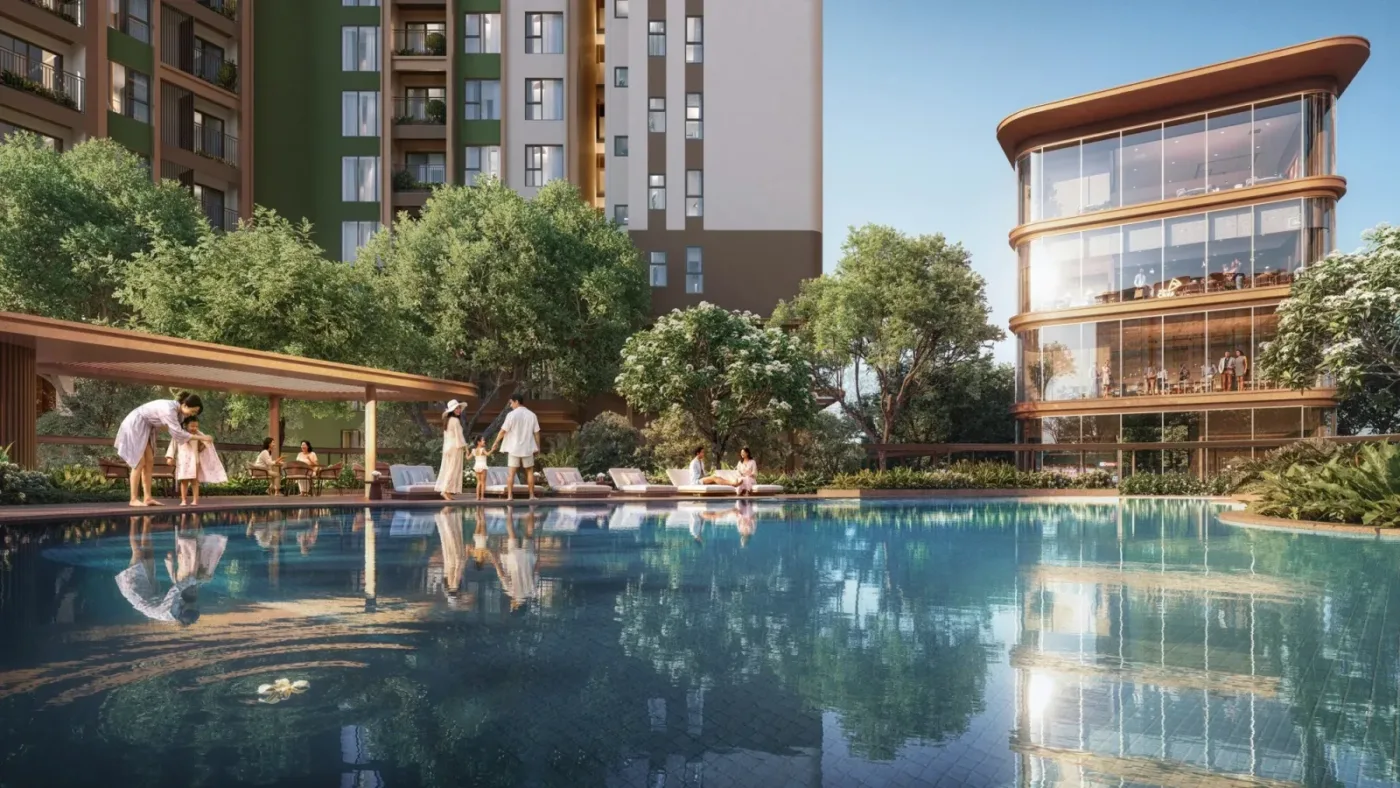 Phối cảnh hồ bơi nội khu Norton Park với cây xanh, ghế nghỉ và khối nhà câu lạc bộ kính