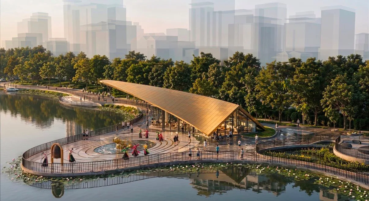 Phối cảnh công trình mái vàng và lối đi dạo ven hồ trong dự án cải tạo không gian ven hồ của Sun Group