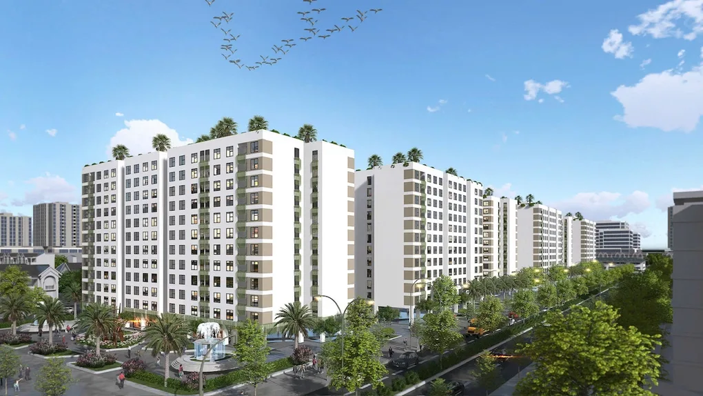 Phối cảnh khu chung cư nhà ở xã hội nhiều tòa nhà cao tầng màu trắng nâu, cây xanh và đường nội khu