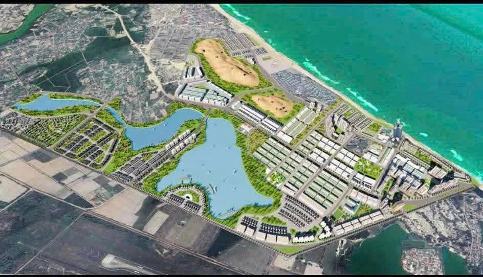 Phối cảnh khu đô thị hỗn hợp ven biển với hồ nước, nhà liền kề và dải bờ biển ở Đồng Hới