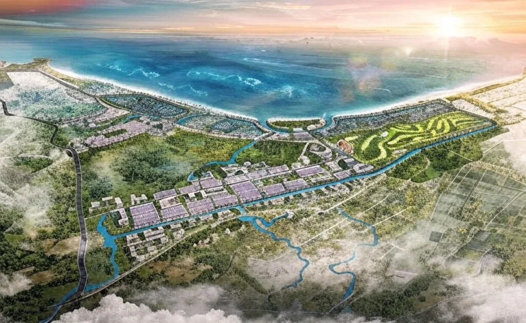 Phối cảnh Khu đô thị mới Cam Lâm ven biển với kênh nước, khu nhà ở và sân golf