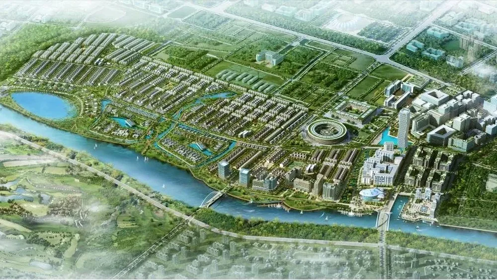 Phối cảnh khu đô thị ven sông với nhà thấp tầng, công viên và cụm tòa nhà cao tầng