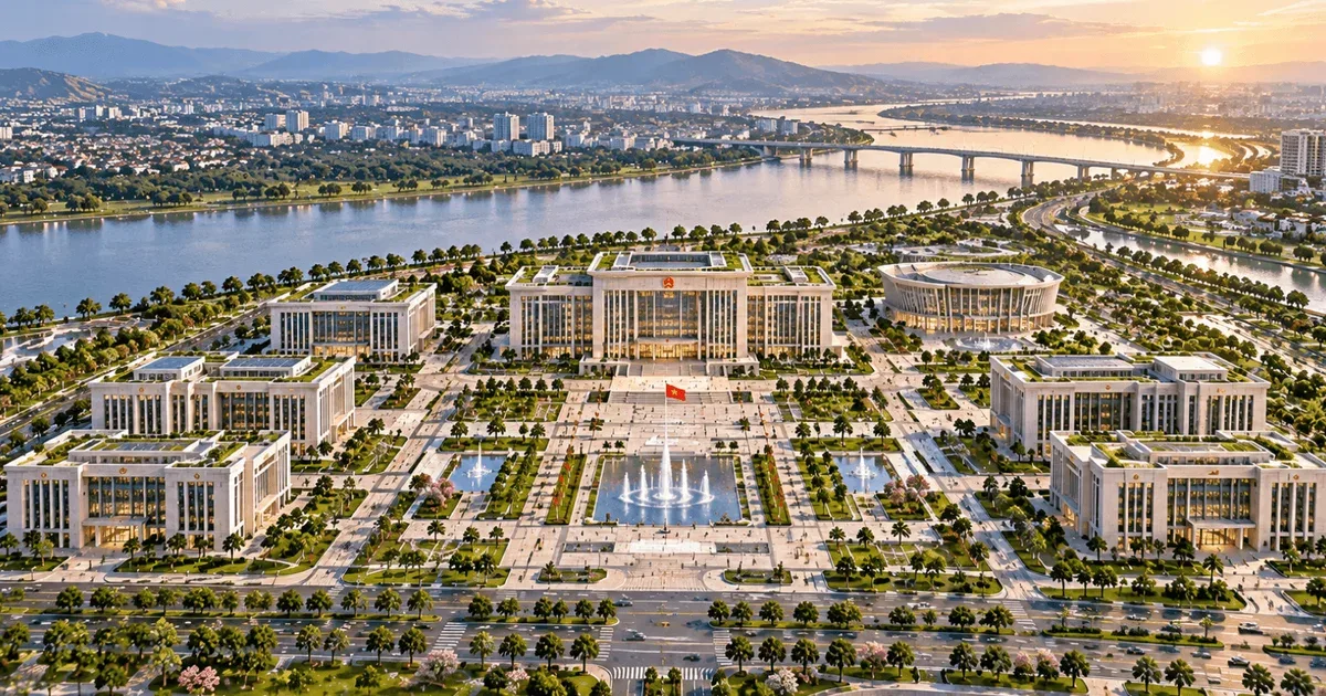 Phối cảnh khu trung tâm hành chính với quảng trường, đài phun nước và tòa nhà bên bờ sông, minh hoạ ý tưởng Sun Group