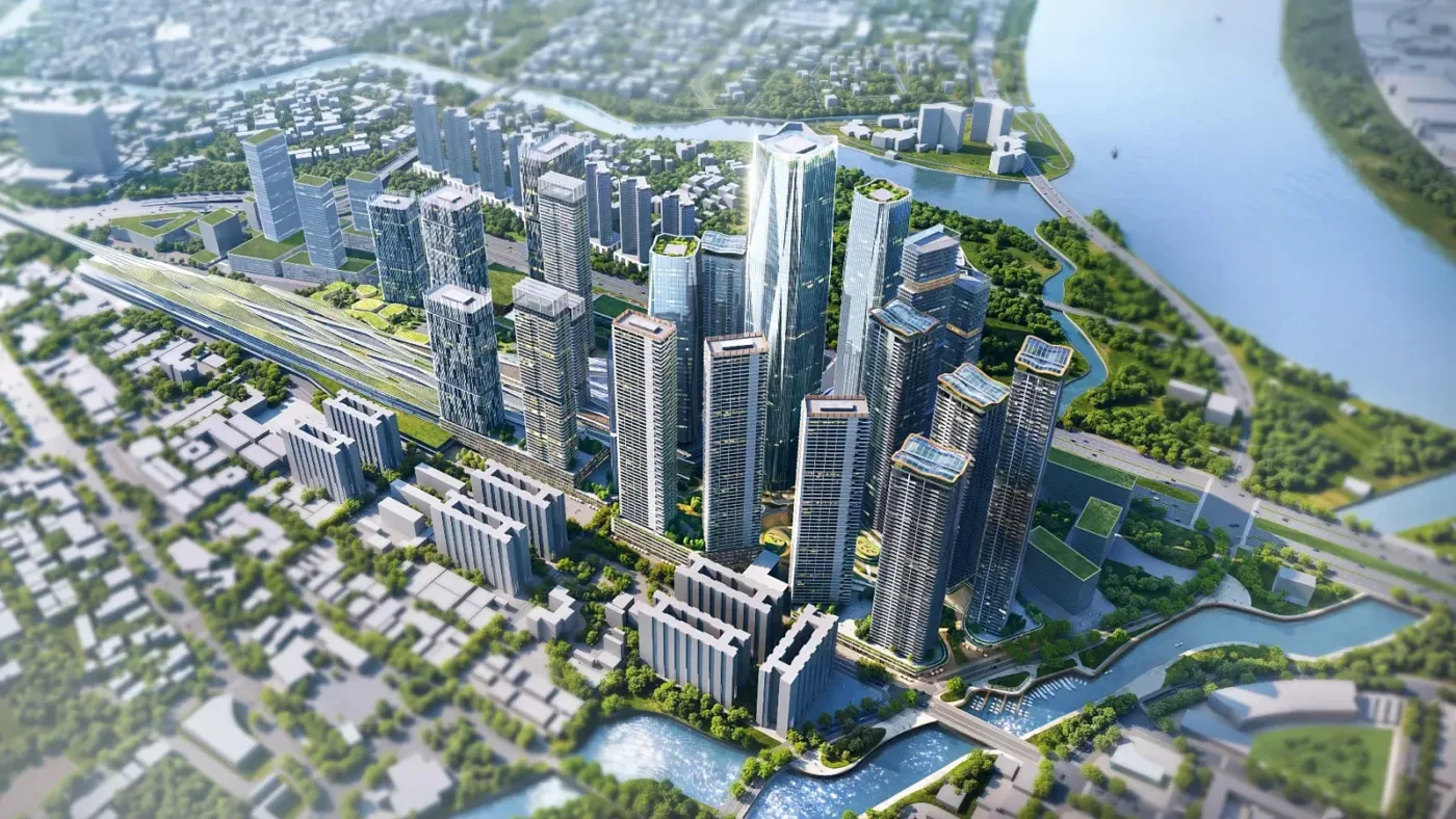 Phối cảnh khu đô thị cao tầng ven sông với tuyến đường sắt, minh hoạ khu vực quy hoạch TOD tại Thủ Thiêm
