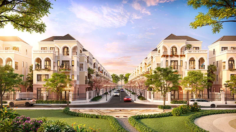 Phối cảnh dãy nhà liền kề và biệt thự thấp tầng kiểu tân cổ điển trong khu đô thị của Vinhomes