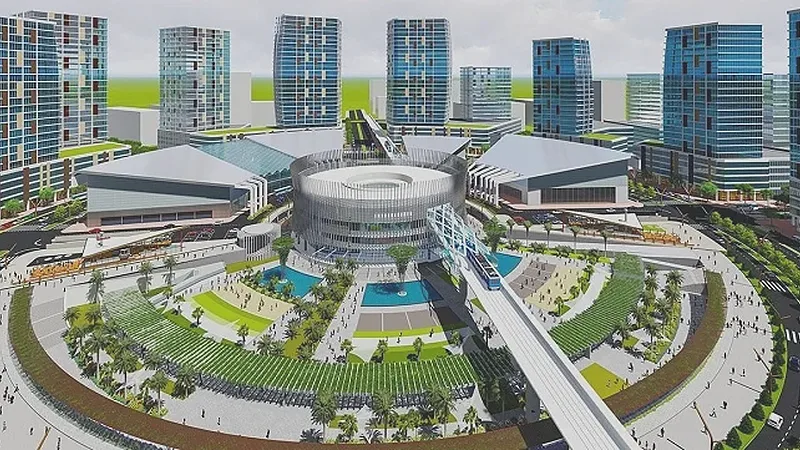 Phối cảnh khu đô thị cao tầng có ga metro trên cao và quảng trường tròn, minh hoạ Thành phố mới Bình Dương