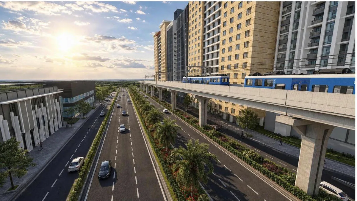 Phối cảnh tuyến metro chạy trên cao dọc đại lộ nhiều làn xe, minh hoạ metro Thủ Dầu Một – TP.HCM