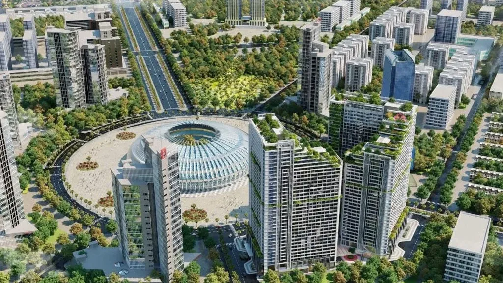 Phối cảnh hai tòa tháp căn hộ cao tầng cạnh vòng xoay lớn tại thành phố mới Bình Dương