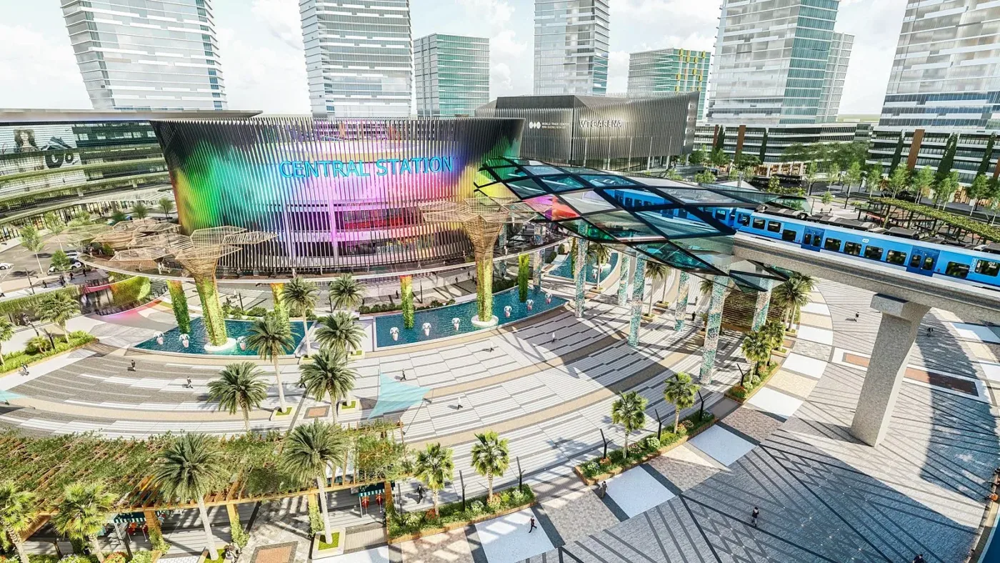 Phối cảnh nhà ga trung tâm Central Station với tàu điện trên cao, quảng trường và cao ốc xung quanh theo mô hình TOD
