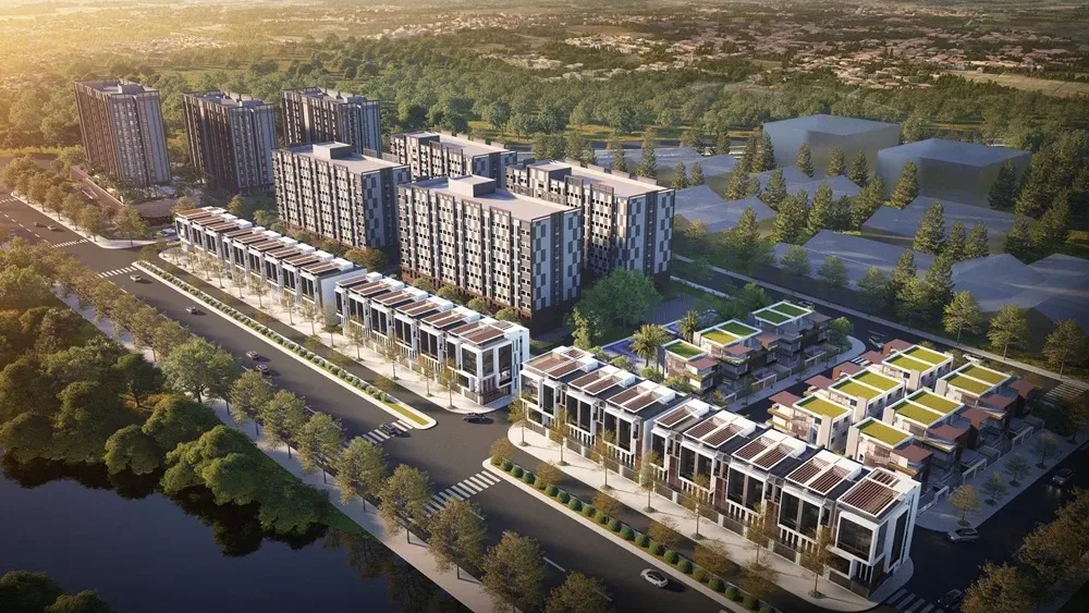 Phối cảnh nhà lưu trú công nhân Khu công nghiệp An Phát 1 gồm các tòa cao tầng và dãy nhà thấp tầng ven hồ