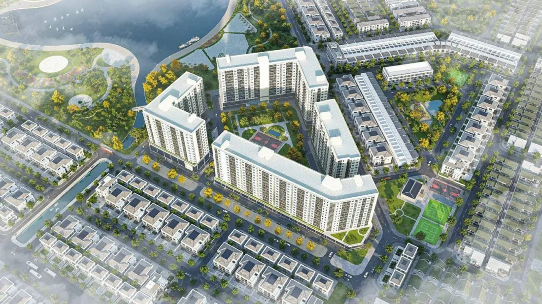 Phối cảnh dự án nhà ở xã hội B5 Hòa Xuân gồm 4 tòa nhà cao tầng bên cạnh công viên và hồ nước tại Đà Nẵng